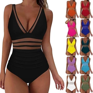 Sexy Swimsuits for Women One Piece Bathing Suit Mesh Swimwear Deep V Push up Sim - Picture 1 of 12