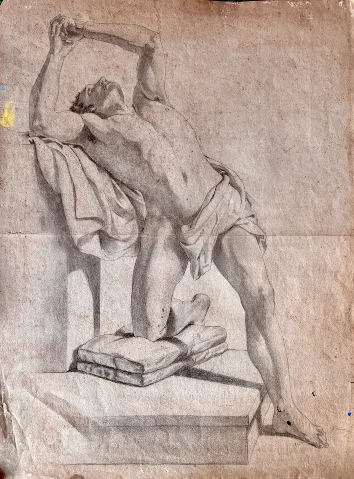 Dessin Ancien Au Crayon Homme Nu Regardant En L’air Ses Mains En Prière - Photo 1/4