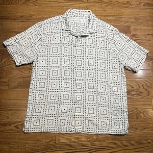 Abercrombie Shirt Mens Medium White Black Summer Linen Blend Geometric Pattern - Picture 1 of 7