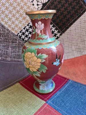 tres joli Vase cloisonné ancien Chine decors fleurs flowers birds 21 cm - Photo 1/4