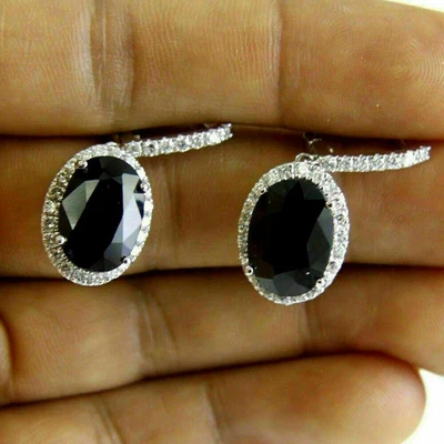 4 Ct Oval Simulated Black Diamond Halo Drop Dangle Earrings 925 Sterling Silver - Image 1 of 4