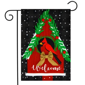 Winter Birdhouse Burlap Welcome Garden Bandiera Cardinale 12,5" x 18" Briarwood Lane - Foto 1 di 4