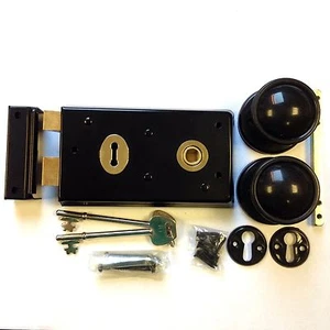 Cerradura de llanta negra de doble mano estilo victoriano + juego de perillas de llanta de PVC negro - 143 mm x 83 mm - Imagen 1 de 1