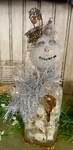 Hand Crafted Snowman Made w/ Antique Bottle, Vintage Bobbin, Buttons & Book Page - Picture 1 of 10