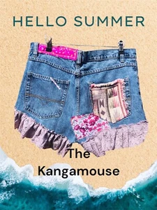 Denim Cut Off Shorts Ladies Patched Lace Kangamouse Designer S34” waist Frayed - Picture 1 of 7