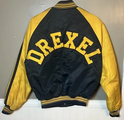 Vintage 80s MVP DREXEL UNIVERSITY Satin Bomber Jacket Men M Yellow Blue,Stitched - Image 1 of 4