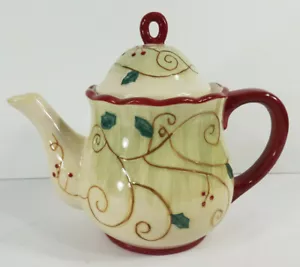 Pfaltzgraff Pepperberry red green ivory holly vine hand painted ceramic teapot - Picture 1 of 12