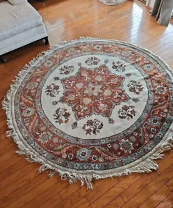 Round Hand-Knotted 6'9" Diameter Fringed Rug Vintage - Picture 1 of 13