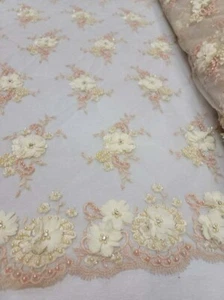 Ivory Beaded Lace Fabric with 3D Chiffon Floral Flowers, Blush Embroidery, Pearl - Picture 1 of 6
