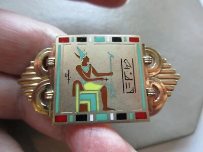 BROCHE ANTIGO VINTAGE FRANCÊS ART DÉCO FOLHEADO A OURO ESMALTE RENASCIMENTO EGÍPCIO - Imagem 1 de 4