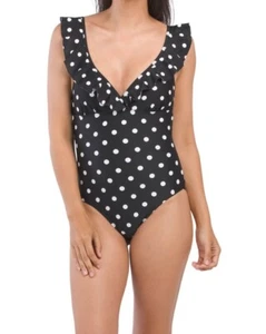 Costume da bagno monopezzo T TAHARI Polka Dot Ruffle Surplice. Taglia bianco/nero: M - Foto 1 di 2