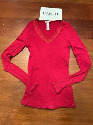 NUEVO SIN ETIQUETAS $190 HANRO Lana SEDA ROJA Encaje Puño ACANALADO Tejido Manga Larga CAMISA Mujer XS Foto 1 de 4