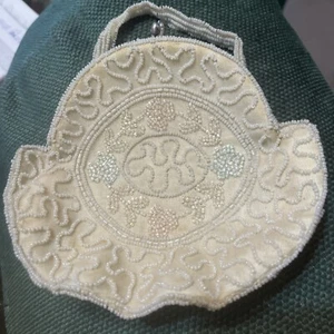 Vintage Handarbeit Belgien Tasche Handtasche cremeweiß klein Perlen gefüttert - Bild 1 von 8