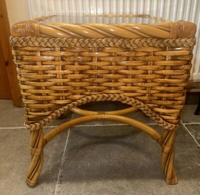 Vintage Retro Rattan Wicker Boho Square Conservatory Coffee Side Table Glass Top - Image 1 of 4