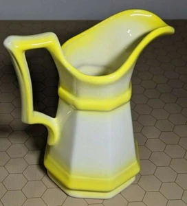 Glazed Octagonal Ceramic Pitcher Pottery With Angular Handle - White / Yellow - Picture 1 of 9