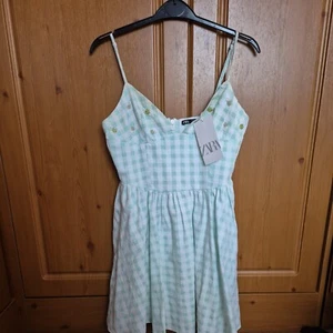 Zara Green Cotton Blend Gingham Check Mini Dress With Pockets SIZE S with tag - Picture 1 of 8