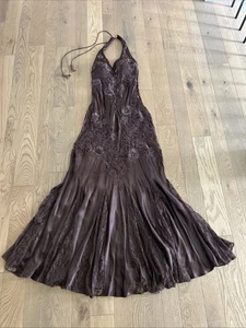 Y2K Vtg CACHE sz 2 Beaded Silk Gown Fairy Long Dress Brown Halter Mermaid Lace - Picture 1 of 14