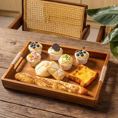 16.5 X 12" Acacia Wood Serving Tray Large Wooden Food Trays Handles Coffee Table - Image 1 of 4