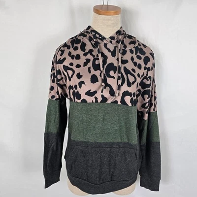 Sudadera con Capucha Para Mujer Pequeña Verde Ejército Tostado Negro Estampado Leopardo Bolsillos Manga Larga Foto 1 de 4