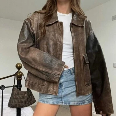 90s Oversized A2 Military Vintage Style Distressed Brown Lambskin Leather Jacket - Image 1 of 4