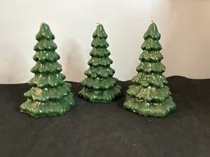 3 Vtg Wax Candle Christmas Tree Green Gold Glitter Star Retro Holiday 7.5 Inches - Picture 1 of 9