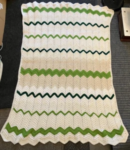 Vintage Crochet Afghan Throw Blanket 38 x 60 Green White Zig Zag Handmade Granny - Picture 1 of 7