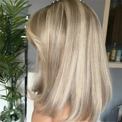 Human Hair 13x4 Lace Bob Wigs Golden Ash Blonde Highlight Wigs with Bangs  - Image 1 of 4