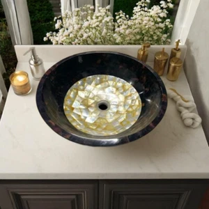 Fregadero de mármol negro de lujo de 18" con incrustación de piedra de madreperla hecho a mano fregadero decorativo - Imagen 1 de 6