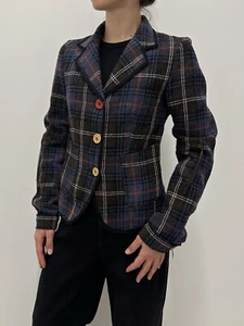Marithe Francois Girbaud Women's Tweed Plaid Wool Blazer Jacket blue brown EU 40 - Picture 1 of 14