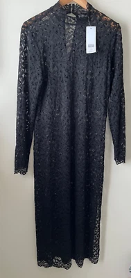 F&F Dress Size 12 New Black Lace Sheer High Neck Long Sleeve Midi Stretch Occasi - Image 1 of 4