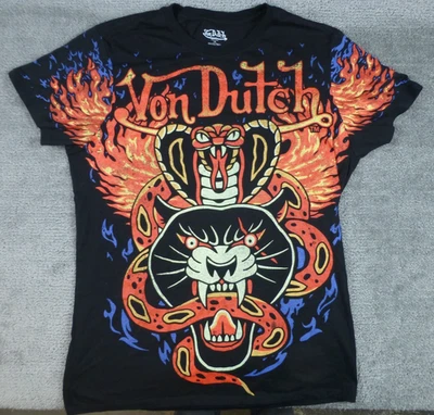 Von Dutch T-Shirt AOP Tiger Cobra Snake Flames Graphic Black Logo Men’s XLarge - Image 1 of 4