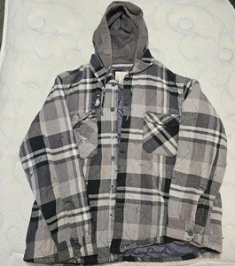 Ocean Pacific OP VTG 1990s Gray Plaid Quilted Flannel Jacket Sz XL Thrashed - Picture 1 of 9
