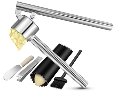 Juego de prensa de ajo de acero inoxidable 5 en 1 con cámara jumbo y picadora - Resistente Foto 1 de 4