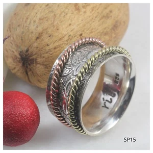 Anillo de meditación giratorio floral Bali de plata 925, oro y rosa ancha banda boho pesada - Imagen 1 de 5