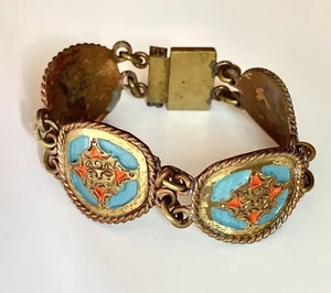 Copper Gold Color Metal Aztec/Mayan Style Bracelet Enamel Links 7.5” 42g Vintage - Picture 1 of 12