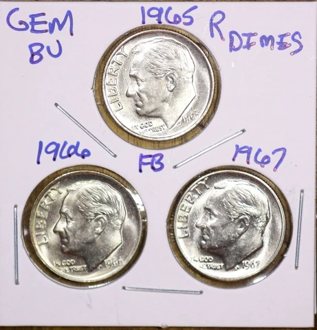 1965 1966 1967 Roosevelt Dimes GEM BU (3 Coins) STK from OBW Rolls Cover