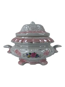 De Colección Cuenco con Tapa Cerámica Servidor Rosa y Blanco con Rosas Acabado Iridiscente - Imagen 1 de 8