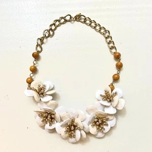 Anthropologie White and Cream Flower Statement Gold Necklace - Picture 1 of 4