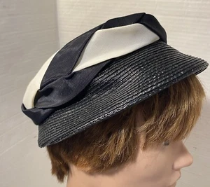 50s Womens Hat Black Straw White Braided Band Church Party Wedding Vtg - Picture 1 of 16
