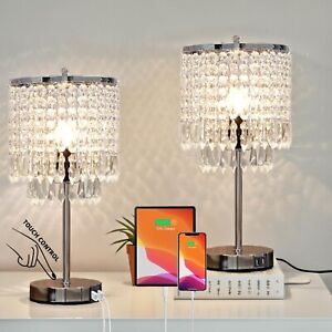 Silver Lamps, Crystal Table Lamp Set of 2 with Dual USB Charging Ports, Bedro...