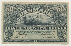Denmark 50 Kroner 1942 C Pick 32.d aUNC Uncirculated Banknote Ref 919 - Picture 1 of 2
