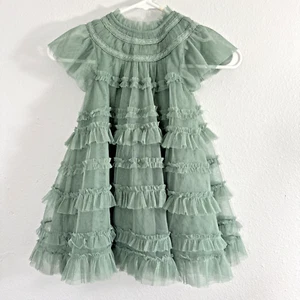 Boden Mini Dress Kids 3 4Y Green Tiered Tulle Smoke Sleveless Formal Party - Picture 1 of 10