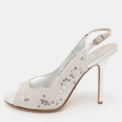 Gina Silver Satin Crystal Embellished Peep Toe Slingback Pumps Size 38 - Image 1 of 4