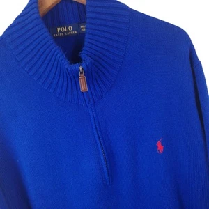 Mens Ralph Lauren 1/4 Zip Blue Knit Jumper Quarter Zip Pullover 2XL XXL - Picture 1 of 8