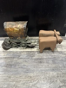 Vintage Pioneer Brass Covered Wagon Wooden Oxen Ox Tabletop Display Handmade - Picture 1 of 15