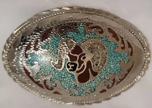 Vintage Western Big Horn Ram solid brass Turquoise and chrome belt buckle 2x3.5 - Picture 1 of 6