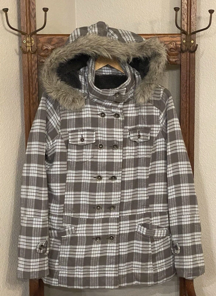 Abrigo con Capucha Hurley Para Mujer L Gris Azul A Cuadros Cálido Forrado Sherpa Capucha Extraíble Foto 1 de 4