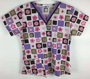 Landau Scrub Top NO Size Tag XS? Brown Purple Floral Blocks Nursing Medical - Picture 1 of 6