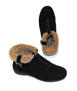 Easy Spirit Irvette Womens 7.5 Wide Black Suede Bootie Brown Faux Fur Trim Boots - Picture 1 of 13