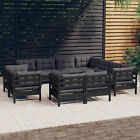 11 Piece Garden  Set With Cushions Black Solid Pinewood D0i5